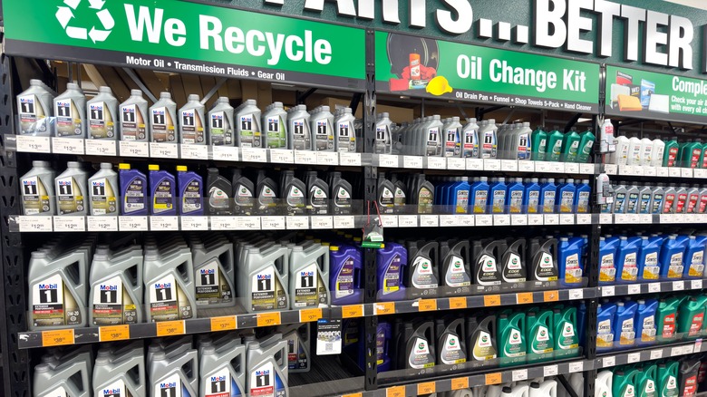 many motor oil products on store shelf