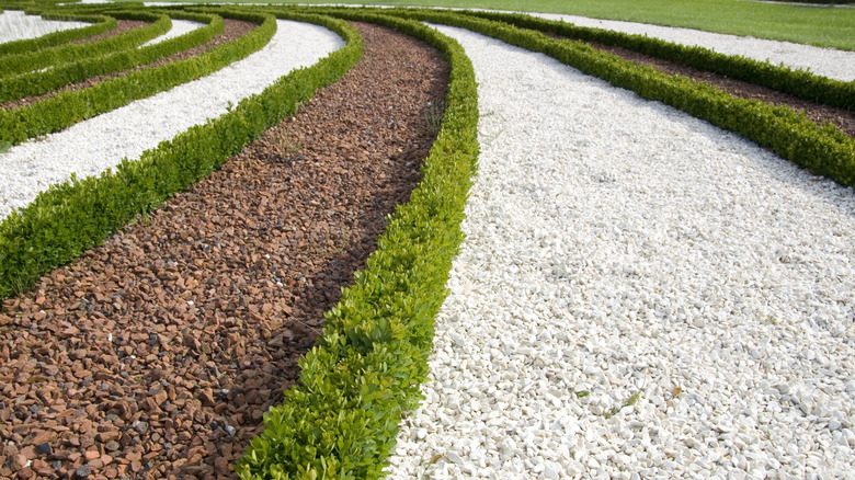 White gravel paths running through garden