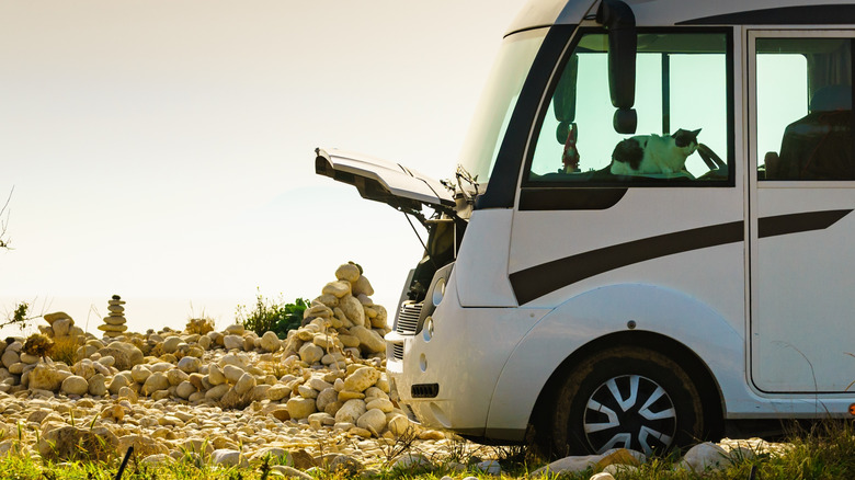 Broken down RV in rocky terrain