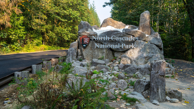 North Cascades National Park entrance sign on side of road