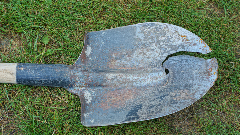A broken shovel laying on grass