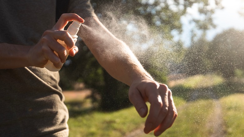 Person spraying bug spray on arm