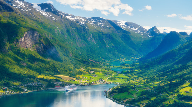 cruise ship passes a village in a Norwegian fjord