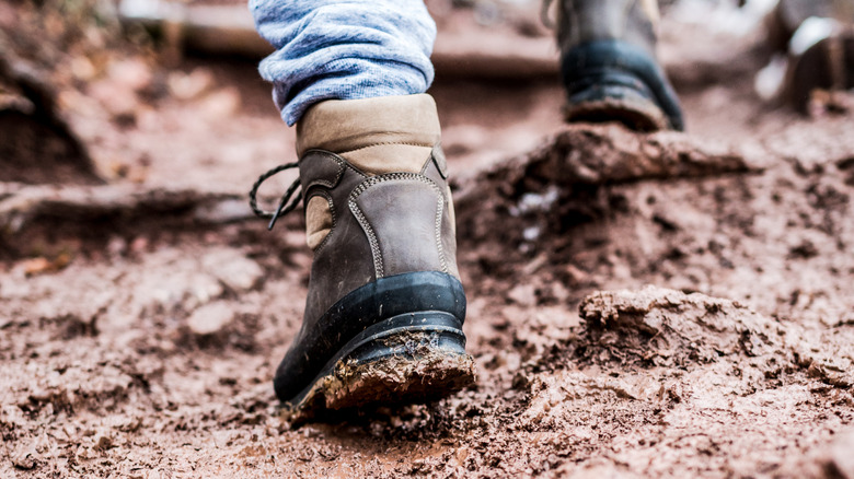 Hiking in muddy conditions, close up