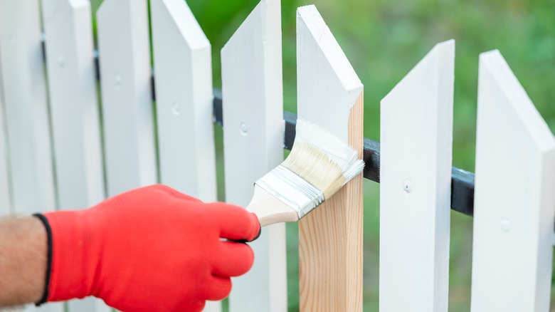 someone applying white paint to a picket fence
