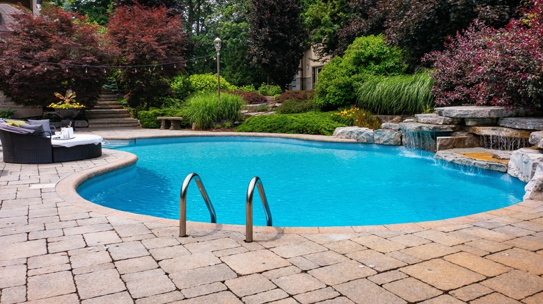 Luxury backyard pool with deck, waterfall, and landscaping
