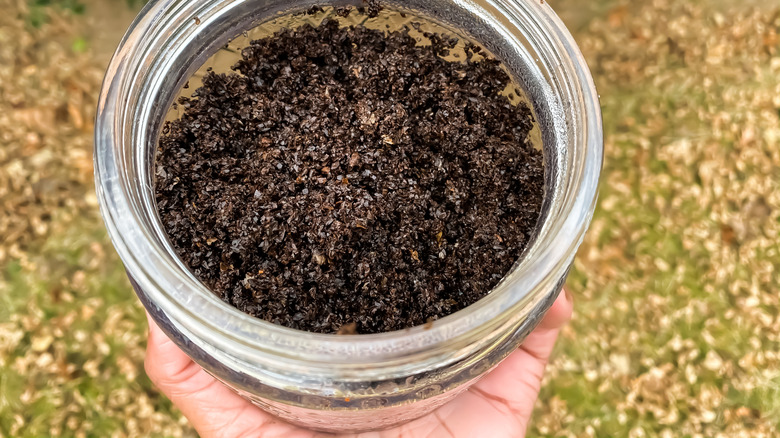 Hand holding jar of coffee grounds outside
