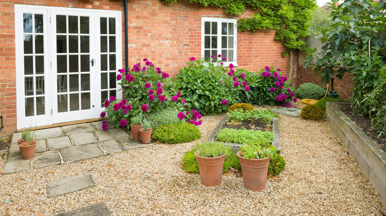 A cottage courtyard with gravel