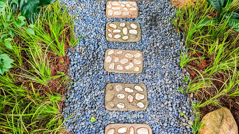 A gravel garden path with stepping stones