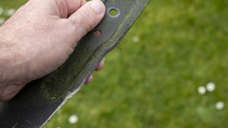 man holding lawn mower blade