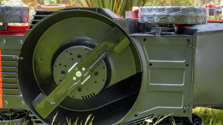 Rotary mower blade on the underside of a mower