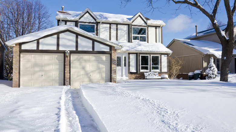 Suburban home exterior after snow storm