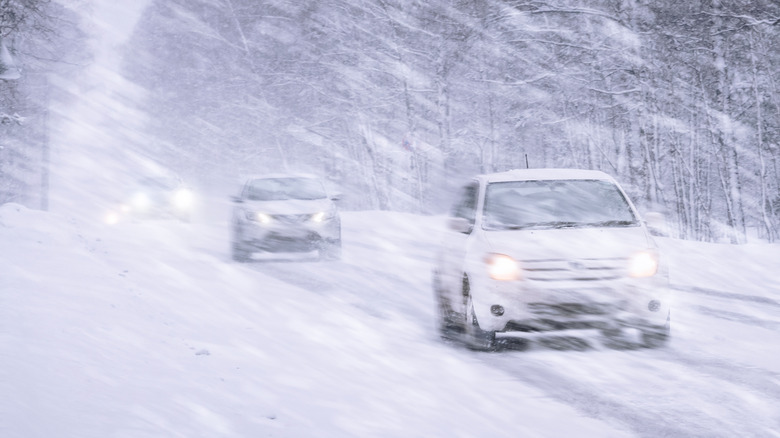 Cars in a heavy snowstorm