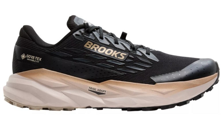 black and beige Brooks trail running shoe